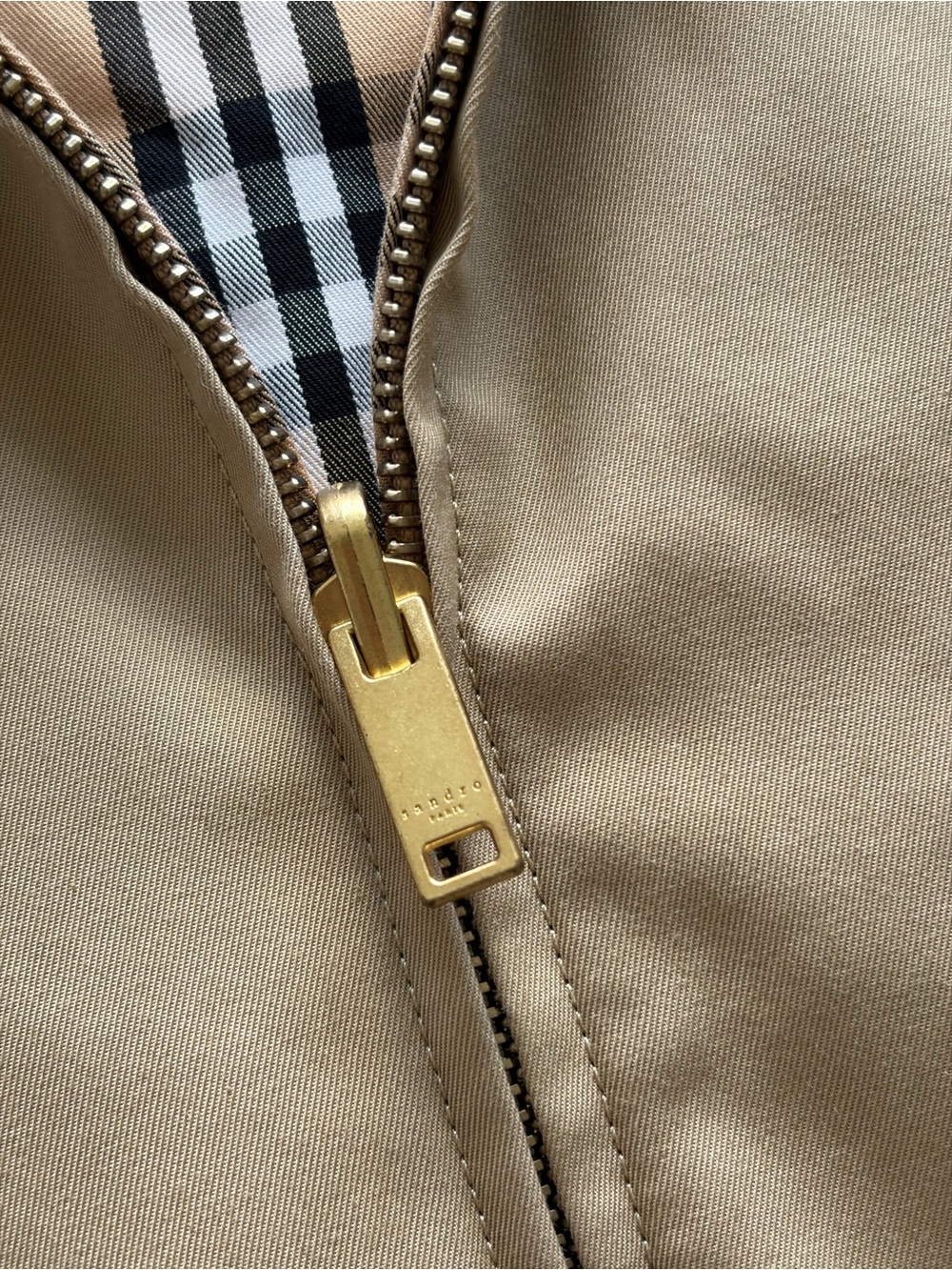 Sandro Beige Bomber Jacket with Plaid Lining - Picture 6 of 9